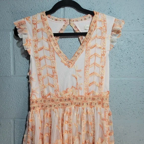 Altar'd State Orange Peach Embroidered Mesh Midi Dress Cutout Back Womens Medium - Picture 15 of 16